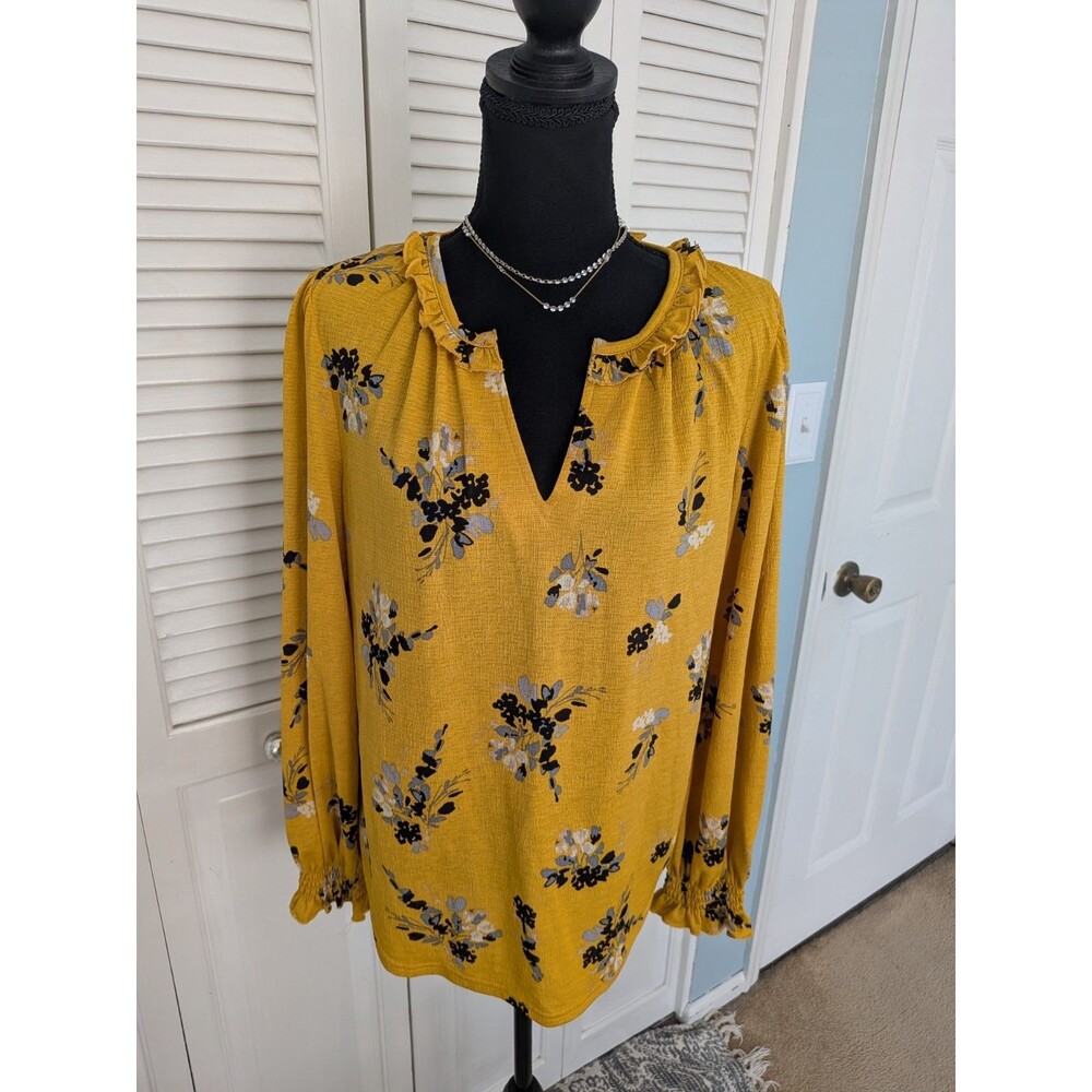 Melloday Top Womens S Yellow Boho Ruffled Stretch Floral Pullover Peasant Blouse